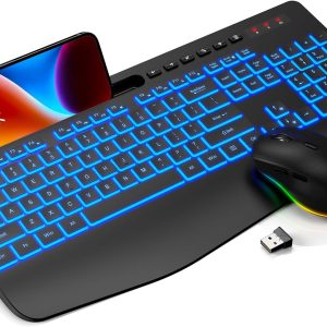 Brand Trueque Color Black Connectivity Technology Radio Frequency Special Feature Ergonomic, Backlit, Wrist Rest, Rechargeable, Phone Holder, Quiet, Light up Keys,Spill-Resistant Compatible Devices Windows XP/Vista/7/8/10/X, MacBook Pro, MacBook Air,iMac, Tablet, Television, Smartphone
